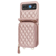 For Motorola Razr 40 Rhombic Texture Card Bag Phone Case with Dual Lanyard(Rose Gold)