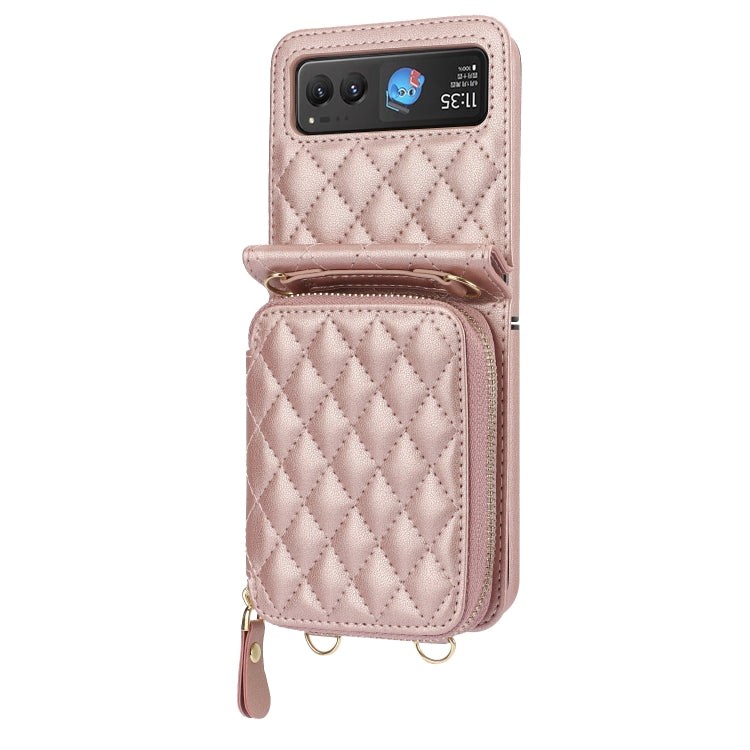 For Motorola Razr 40 Rhombic Texture Card Bag Phone Case with Dual Lanyard(Rose Gold)