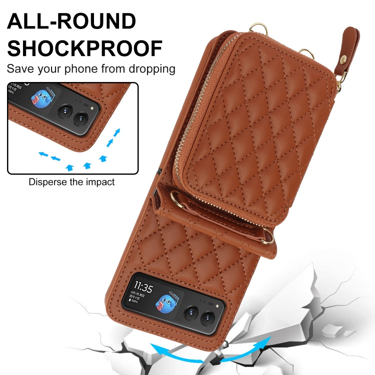 For Motorola Razr 40 Rhombic Texture Card Bag Phone Case with Dual Lanyard(Brown)