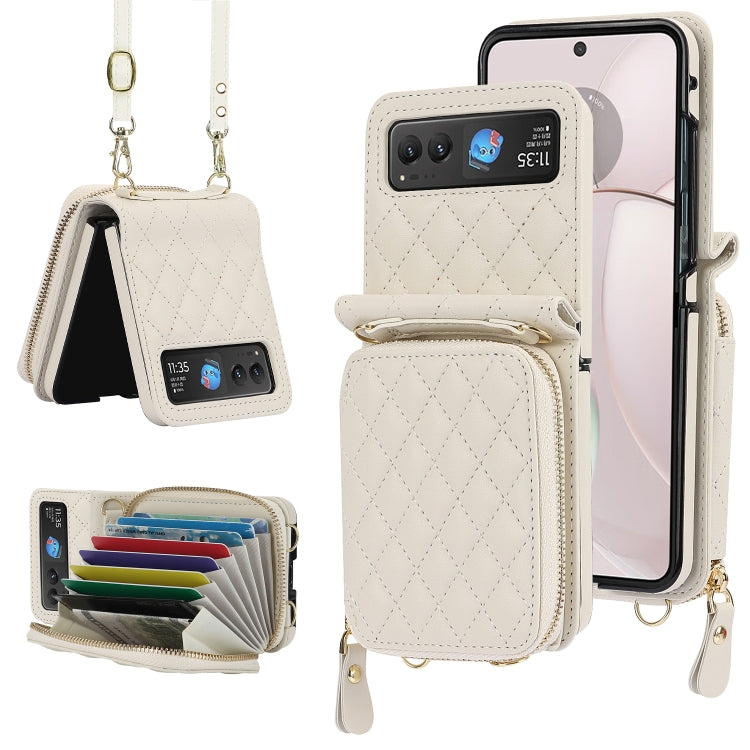 For Motorola Razr 40 Rhombic Texture Card Bag Phone Case with Dual Lanyard(White)