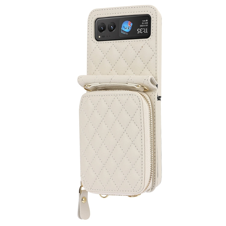 For Motorola Razr 40 Rhombic Texture Card Bag Phone Case with Dual Lanyard(White)