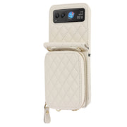 For Motorola Razr 40 Rhombic Texture Card Bag Phone Case with Dual Lanyard(White)