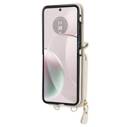 For Motorola Razr 40 Rhombic Texture Card Bag Phone Case with Dual Lanyard(White)