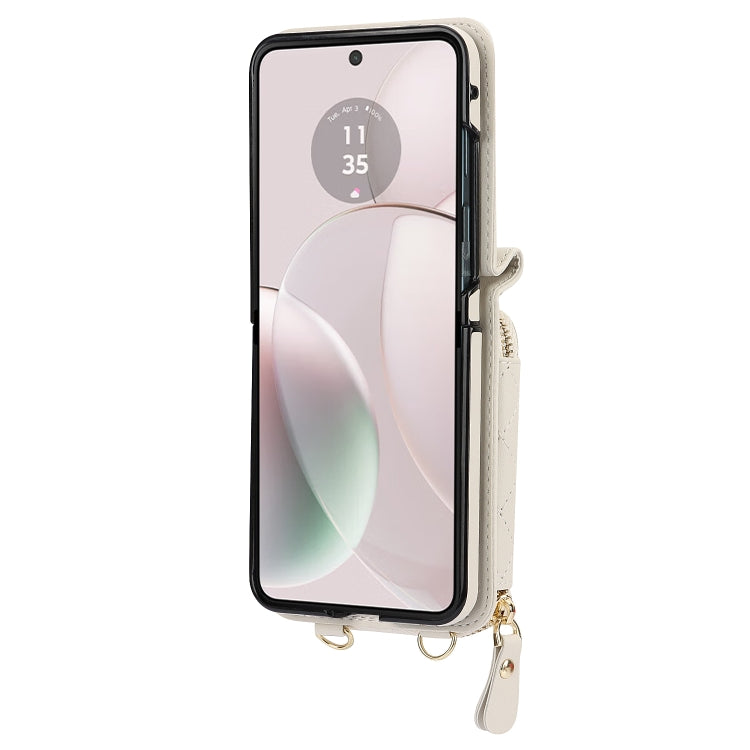 For Motorola Razr 40 Rhombic Texture Card Bag Phone Case with Dual Lanyard(White)