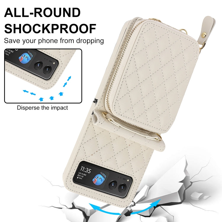 For Motorola Razr 40 Rhombic Texture Card Bag Phone Case with Dual Lanyard(White)