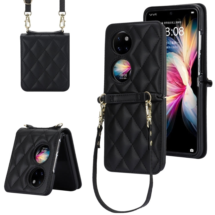 For Huawei P50 Pocket Rhombic Texture Card Bag Phone Case with Dual Lanyard(Black)