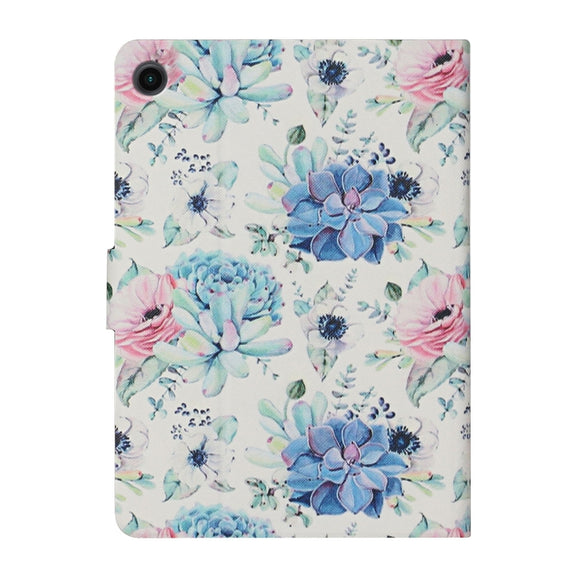 For Samsung Galaxy Tab A9+ Flower Pattern Horizontal Flip PU Tablet Case with Sleep / Wake-up Function(Blue Flower On White)