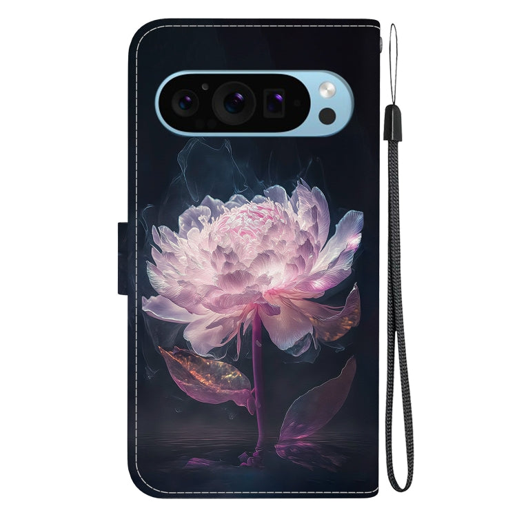 For Google Pixel 9 Pro Crystal Texture Colored Drawing Leather Phone Case(Purple Peony)