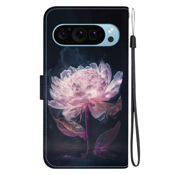 For Google Pixel 9 Pro Crystal Texture Colored Drawing Leather Phone Case(Purple Peony)