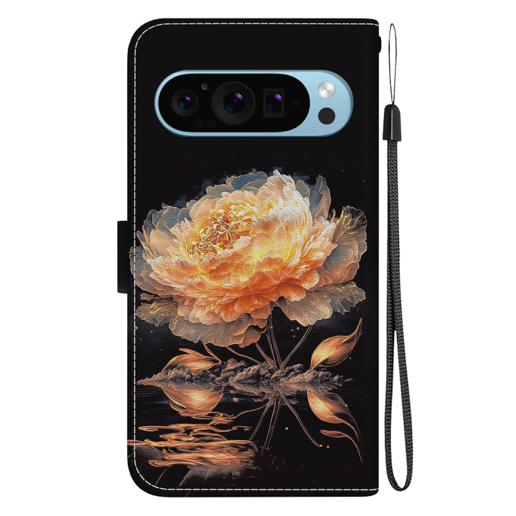 For Google Pixel 9 Pro Crystal Texture Colored Drawing Leather Phone Case(Gold Peony)
