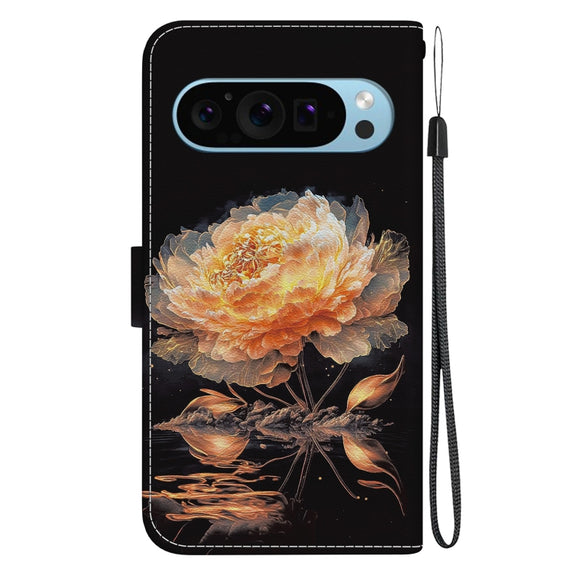 For Google Pixel 9 Pro Crystal Texture Colored Drawing Leather Phone Case(Gold Peony)