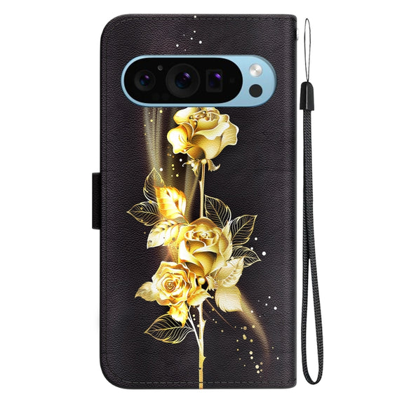 For Google Pixel 9 Pro Crystal Texture Colored Drawing Leather Phone Case(Gold Butterfly Rose)