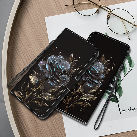 For Google Pixel 9 Pro Crystal Texture Colored Drawing Leather Phone Case(Black Rose)