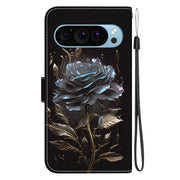 For Google Pixel 9 Pro Crystal Texture Colored Drawing Leather Phone Case(Black Rose)