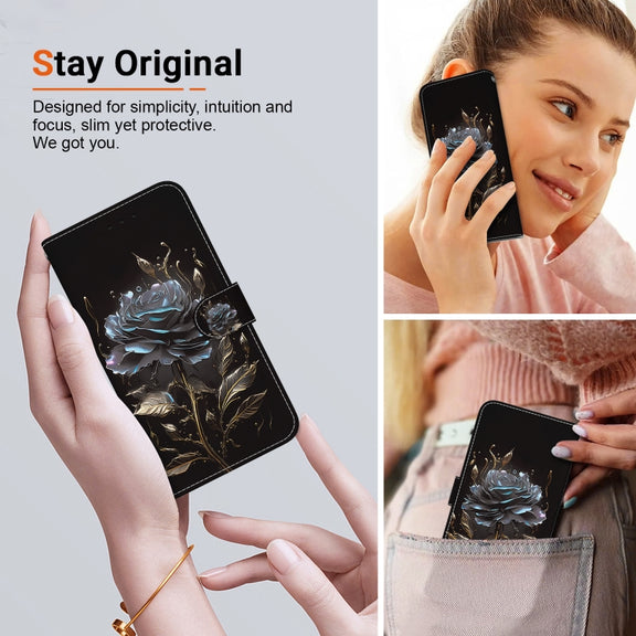 For Google Pixel 9 Pro Crystal Texture Colored Drawing Leather Phone Case(Black Rose)
