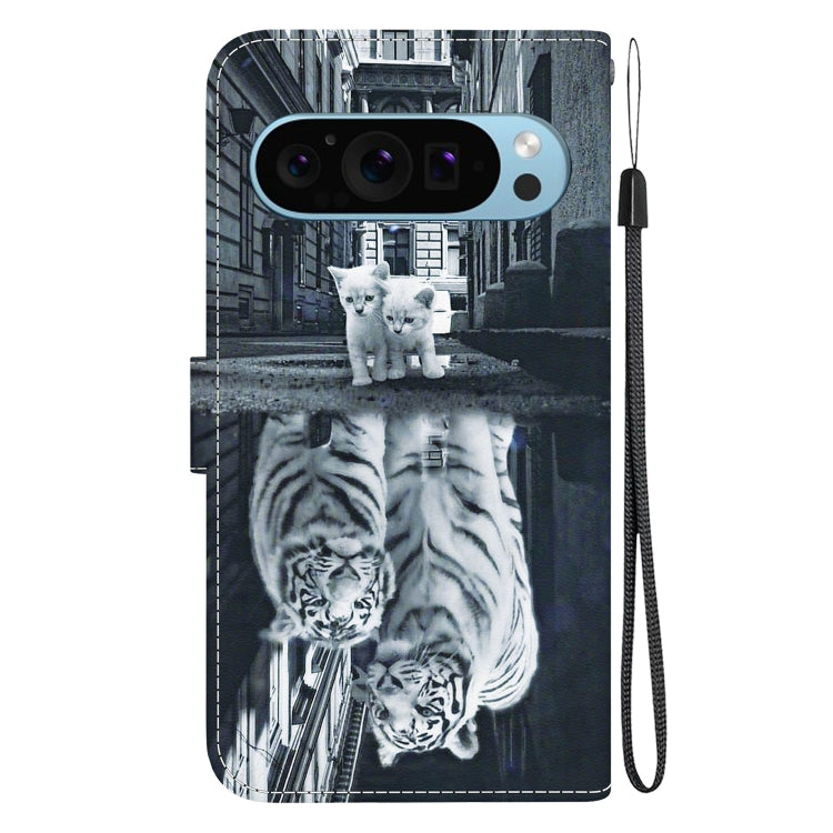 For Google Pixel 9 Pro Crystal Texture Colored Drawing Leather Phone Case(Cat Tiger Reflection)