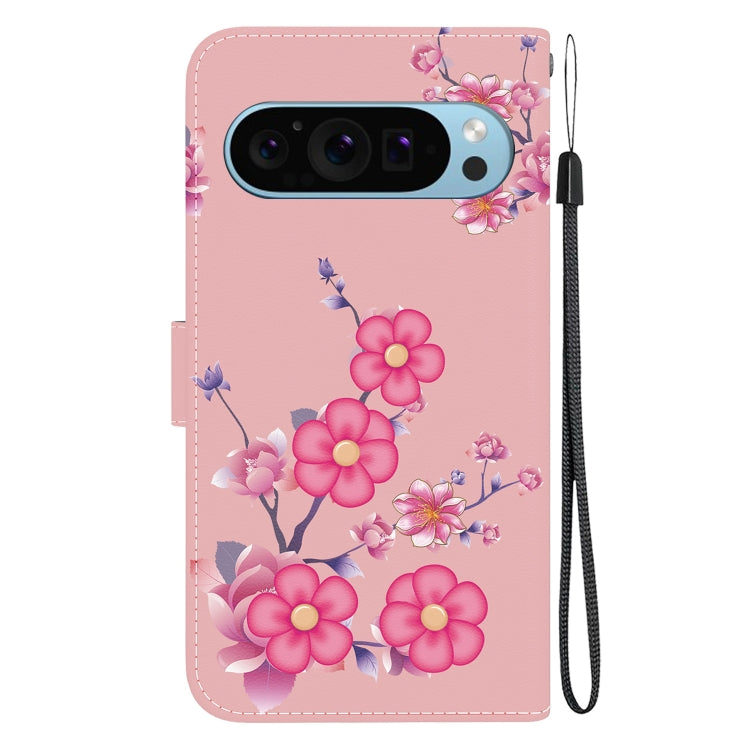 For Google Pixel 9 Pro Crystal Texture Colored Drawing Leather Phone Case(Cherry Blossoms)