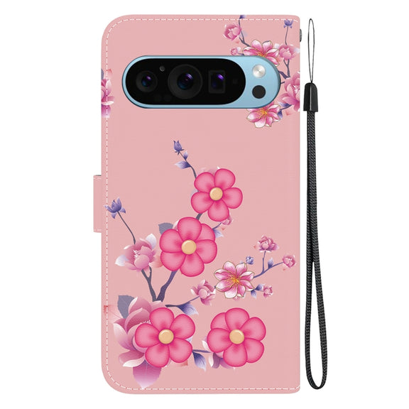 For Google Pixel 9 Pro Crystal Texture Colored Drawing Leather Phone Case(Cherry Blossoms)
