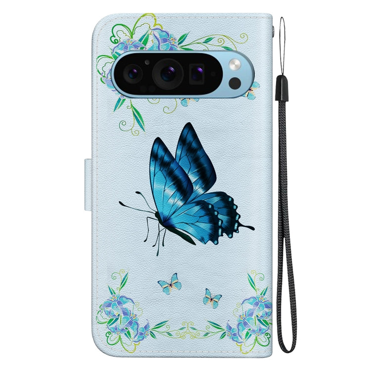 For Google Pixel 9 Pro Crystal Texture Colored Drawing Leather Phone Case(Blue Pansies)