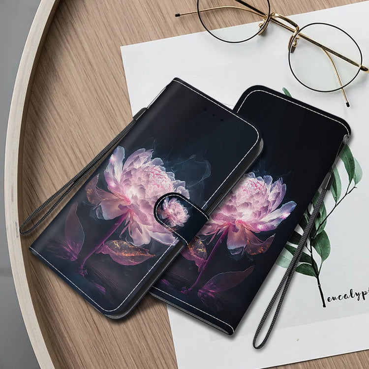 For Google Pixel 9 Crystal Texture Colored Drawing Leather Phone Case(Purple Peony)
