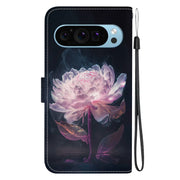 For Google Pixel 9 Crystal Texture Colored Drawing Leather Phone Case(Purple Peony)