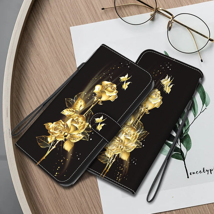 For Google Pixel 9 Crystal Texture Colored Drawing Leather Phone Case(Gold Butterfly Rose)