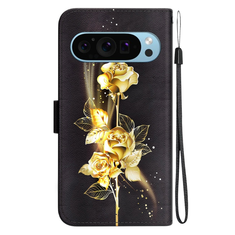 For Google Pixel 9 Crystal Texture Colored Drawing Leather Phone Case(Gold Butterfly Rose)