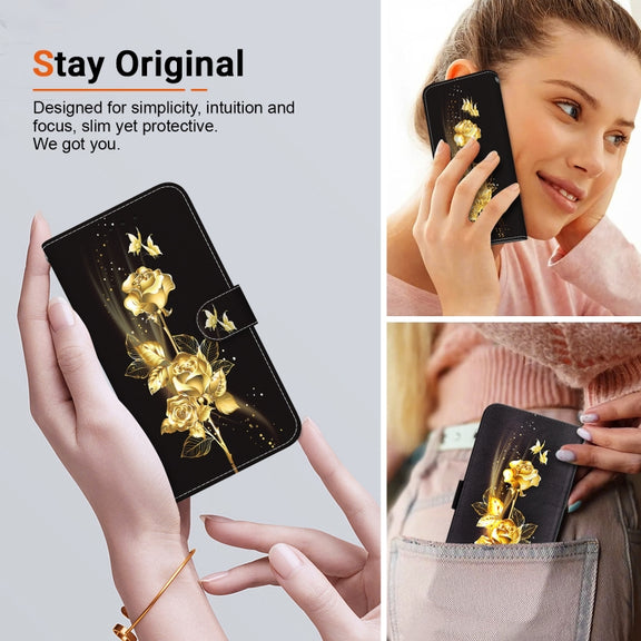 For Google Pixel 9 Crystal Texture Colored Drawing Leather Phone Case(Gold Butterfly Rose)