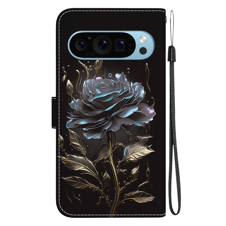 For Google Pixel 9 Crystal Texture Colored Drawing Leather Phone Case(Black Rose)