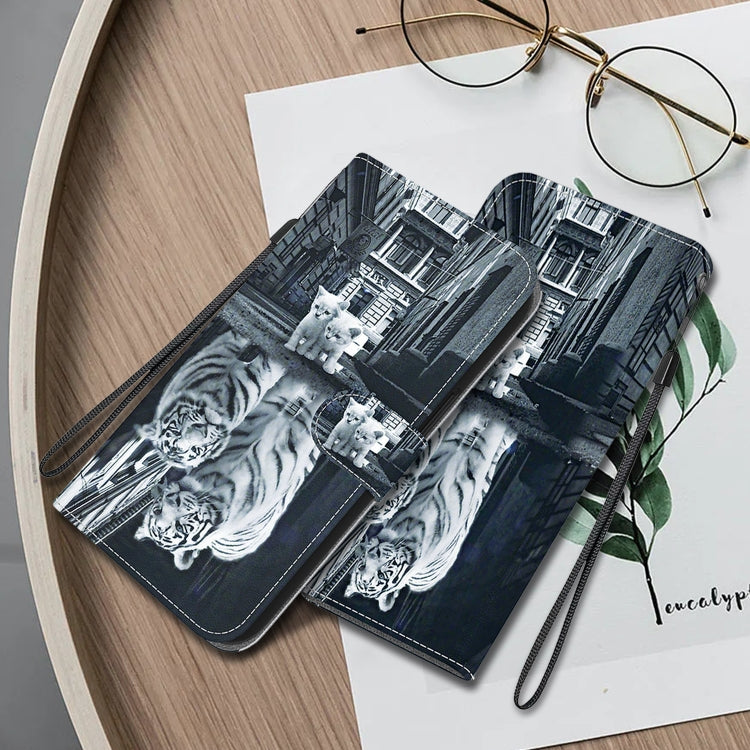 For Google Pixel 9 Crystal Texture Colored Drawing Leather Phone Case(Cat Tiger Reflection)