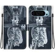 For Google Pixel 9 Crystal Texture Colored Drawing Leather Phone Case(Cat Tiger Reflection)