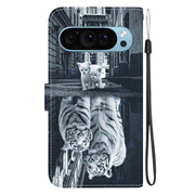 For Google Pixel 9 Crystal Texture Colored Drawing Leather Phone Case(Cat Tiger Reflection)