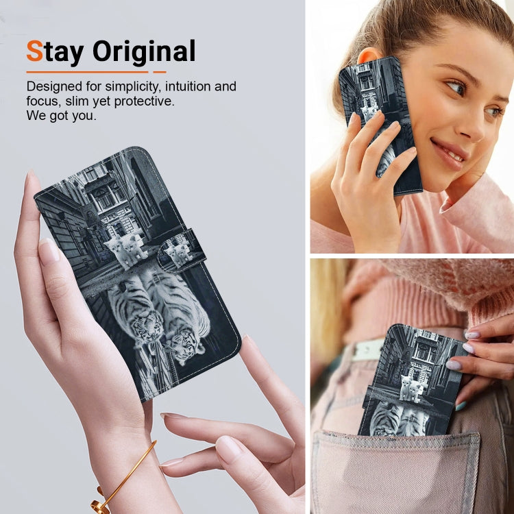 For Google Pixel 9 Crystal Texture Colored Drawing Leather Phone Case(Cat Tiger Reflection)