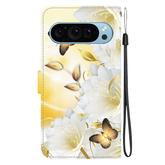 For Google Pixel 9 Crystal Texture Colored Drawing Leather Phone Case(Gold Butterfly Epiphyllum)