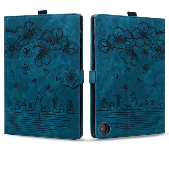 For Amazon Fire HD10 /HD10 Plus 2021 Cartoon Sakura Cat Embossed Smart Leather Tablet Case(Blue)