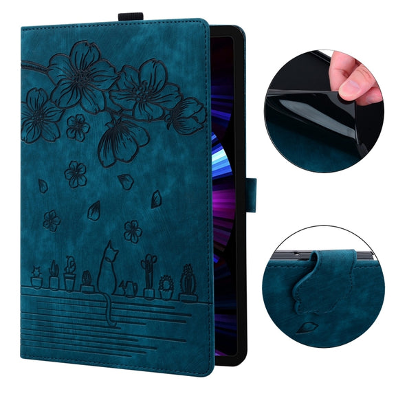 For Amazon Fire HD10 /HD10 Plus 2021 Cartoon Sakura Cat Embossed Smart Leather Tablet Case(Blue)