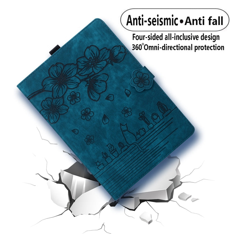 For Amazon Fire HD10 /HD10 Plus 2021 Cartoon Sakura Cat Embossed Smart Leather Tablet Case(Blue)