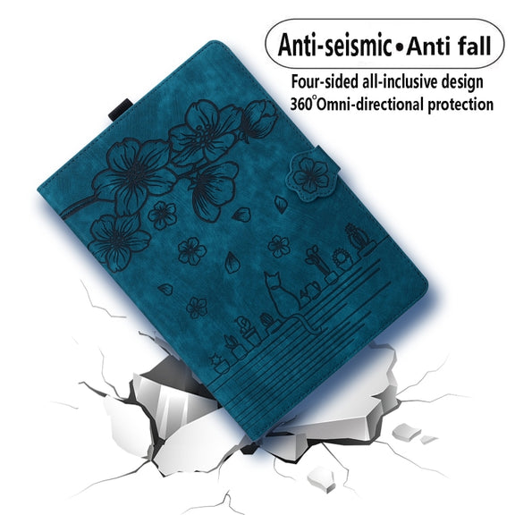 For Amazon Fire HD10 /HD10 Plus 2021 Cartoon Sakura Cat Embossed Smart Leather Tablet Case(Blue)