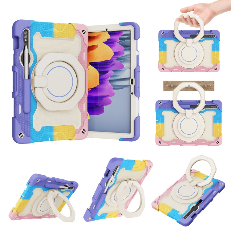 For Samsung Galaxy Tab S9 Armor Portable Rotating Ring Holder Silicone Tablet Case(Colorful Pink)