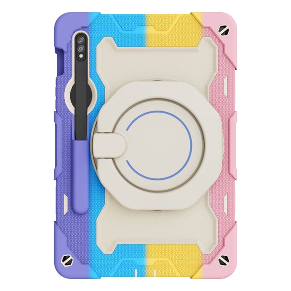 For Samsung Galaxy Tab S9 Armor Portable Rotating Ring Holder Silicone Tablet Case(Colorful Pink)