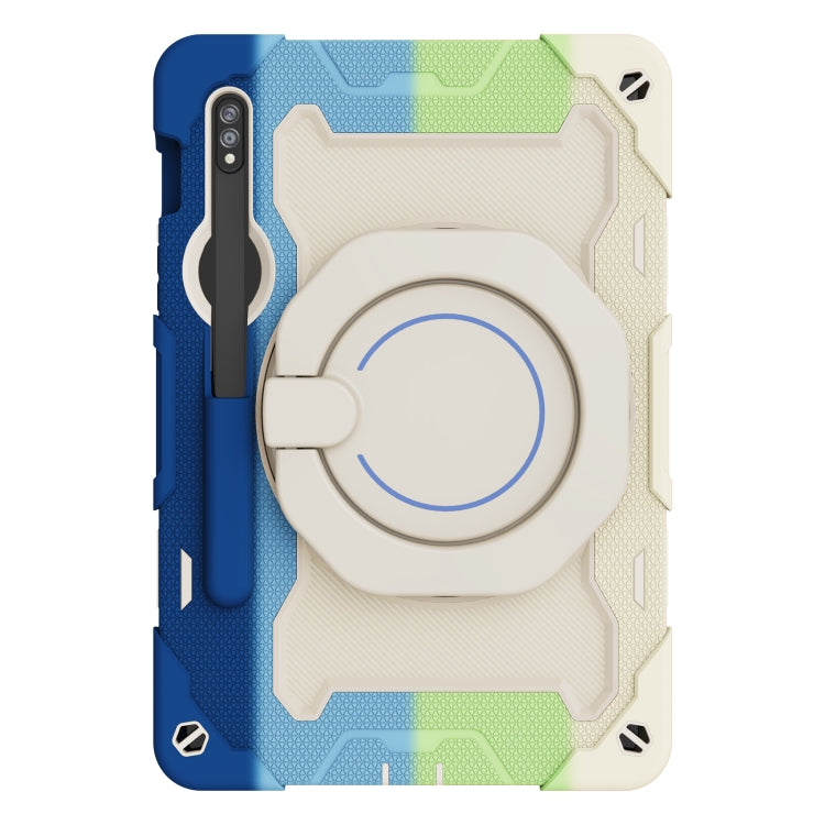 For Samsung Galaxy Tab S9 Armor Portable Rotating Ring Holder Silicone Tablet Case(Colorful Blue)