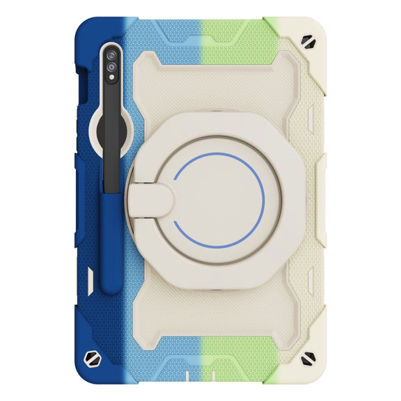 For Samsung Galaxy Tab S9 Armor Portable Rotating Ring Holder Silicone Tablet Case(Colorful Blue)