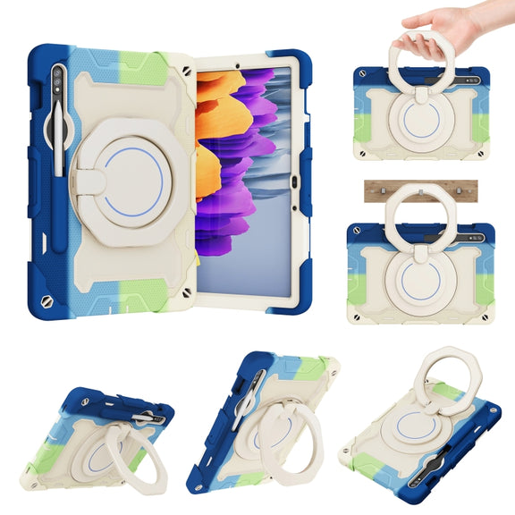 For Samsung Galaxy Tab S9 Armor Portable Rotating Ring Holder Silicone Tablet Case(Colorful Blue)