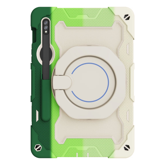 For Samsung Galaxy Tab S9 Armor Portable Rotating Ring Holder Silicone Tablet Case(Colorful Green)