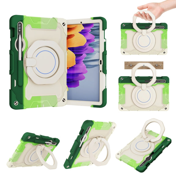 For Samsung Galaxy Tab S9 Armor Portable Rotating Ring Holder Silicone Tablet Case(Colorful Green)