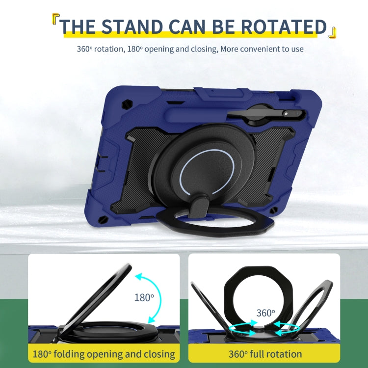 For Samsung Galaxy Tab S9 Armor Portable Rotating Ring Holder Silicone Tablet Case(Navy Blue)