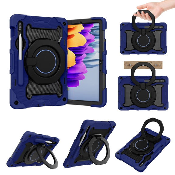For Samsung Galaxy Tab S9 Armor Portable Rotating Ring Holder Silicone Tablet Case(Navy Blue)