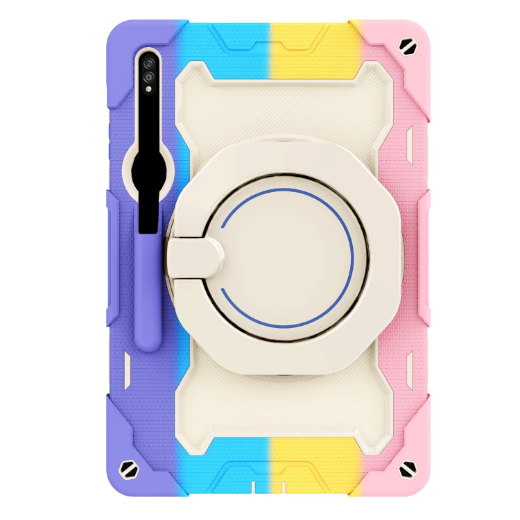 For Samsung Galaxy Tab S9+ Armor Portable Rotating Ring Holder Silicone Tablet Case(Colorful Pink)