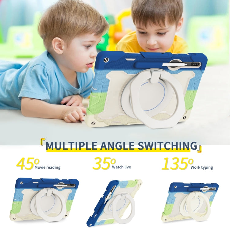 For Samsung Galaxy Tab S9+ Armor Portable Rotating Ring Holder Silicone Tablet Case(Colorful Blue)