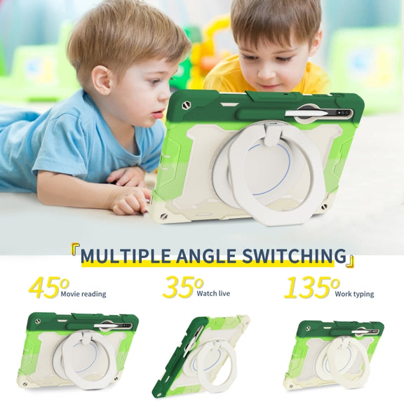 For Samsung Galaxy Tab S9+ Armor Portable Rotating Ring Holder Silicone Tablet Case(Colorful Green)